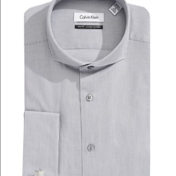 Calvin Klein Slim-fit Mixed-stripe French Cuff Dress Shirt-charcoal-16-34/35 - Picture 1 of 3